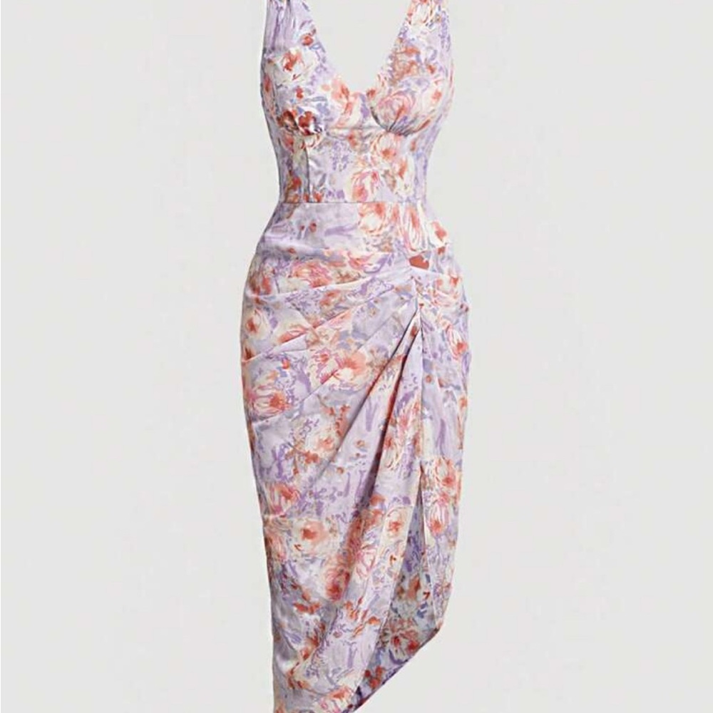 Floral V-Neck Ruched Split Thigh Dress